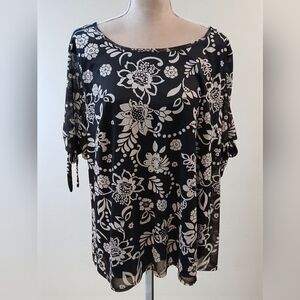 Tacera 2x  Black Beige Dark Floral Womans Plus Mesh Sheer Blouse Classic Modest